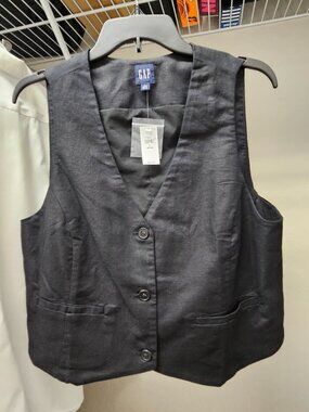 NWT GAP Button-Front Linen Vest - Black - Size L Petite